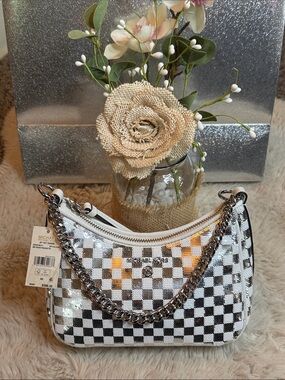 ✨ NWT Michael Kors Jet Set Charm Small Chain Pouchette Sequin Checkerboard Bag✨